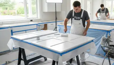 Professional cabinet painters refinishing kitchen cabinets in Knoxville, TN for a smooth, durable finish