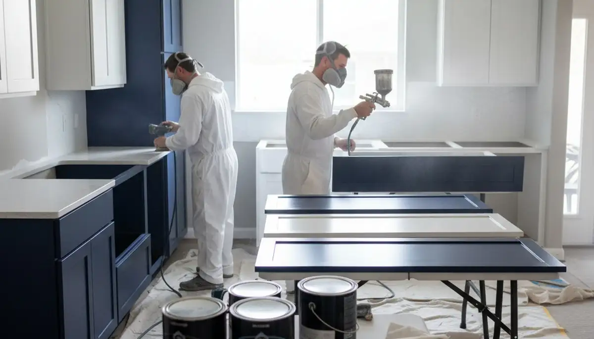 Professional cabinet painters refinishing kitchen cabinets in Knoxville, TN for a modern, durable finish