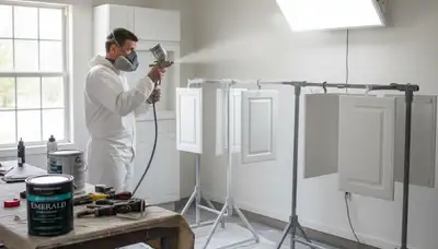 Professional painters spraying smooth cabinet finish in a Knoxville TN kitchen remodel