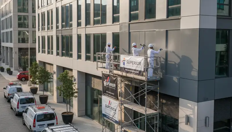 Professional commercial painters working on office exterior in Knoxville, TN