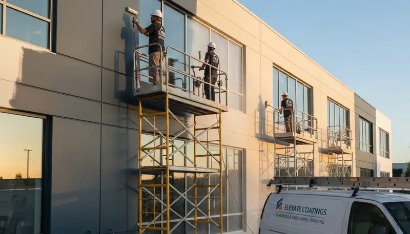 Professional commercial painters working on office building exterior in Knoxville, TN