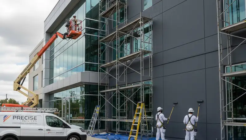 Professional commercial painters working on an office exterior in Knoxville, TN