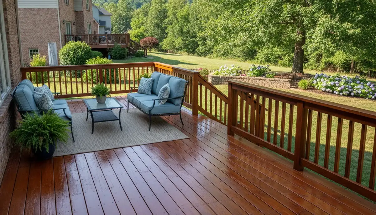 Finished deck staining in Knoxville, TN showcasing rich wood color and lasting professional weather protection