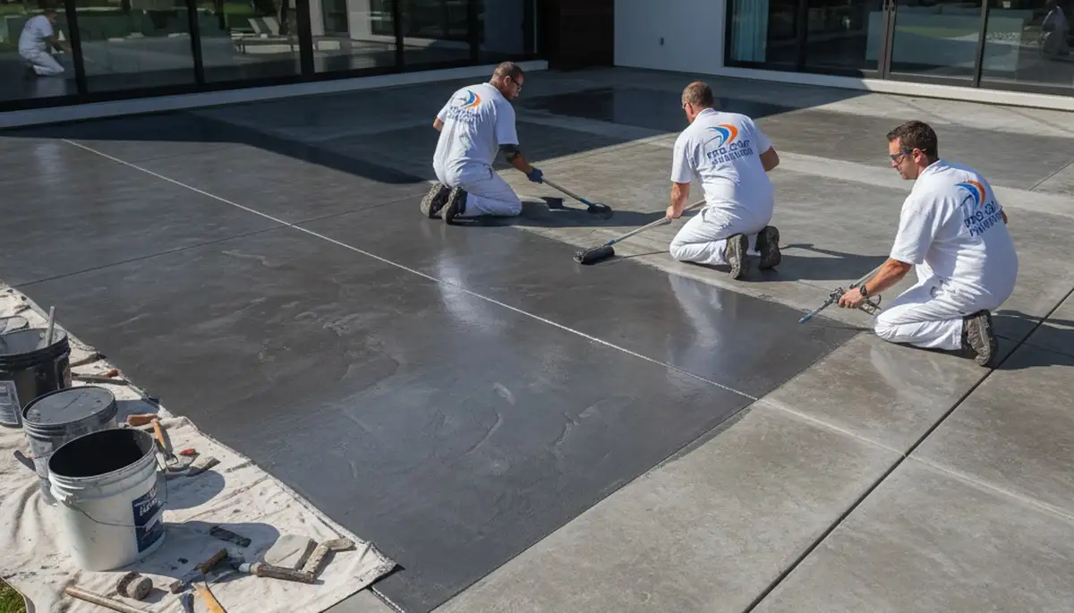 Professional concrete staining on residential patio in Knoxville, TN for durable floor transformation