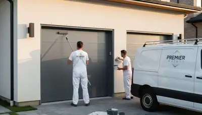 Professional painters refinishing a garage door in Knoxville, TN for durable curb appeal