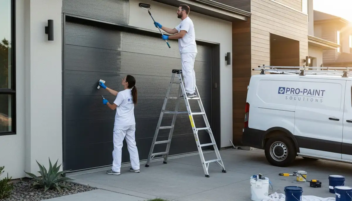 Professional painters refinishing a garage door in Knoxville, TN for lasting curb appeal and weather protection