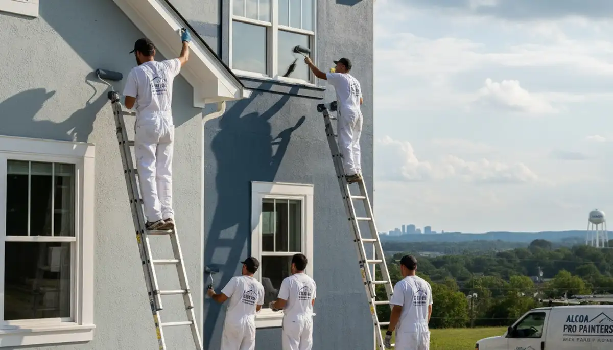 Professional house painters working on a Knoxville TN home exterior repaint project