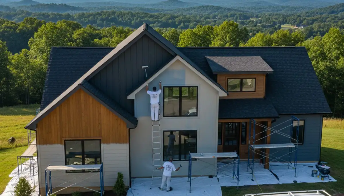 Professional house painters finishing exterior home in Knoxville, TN