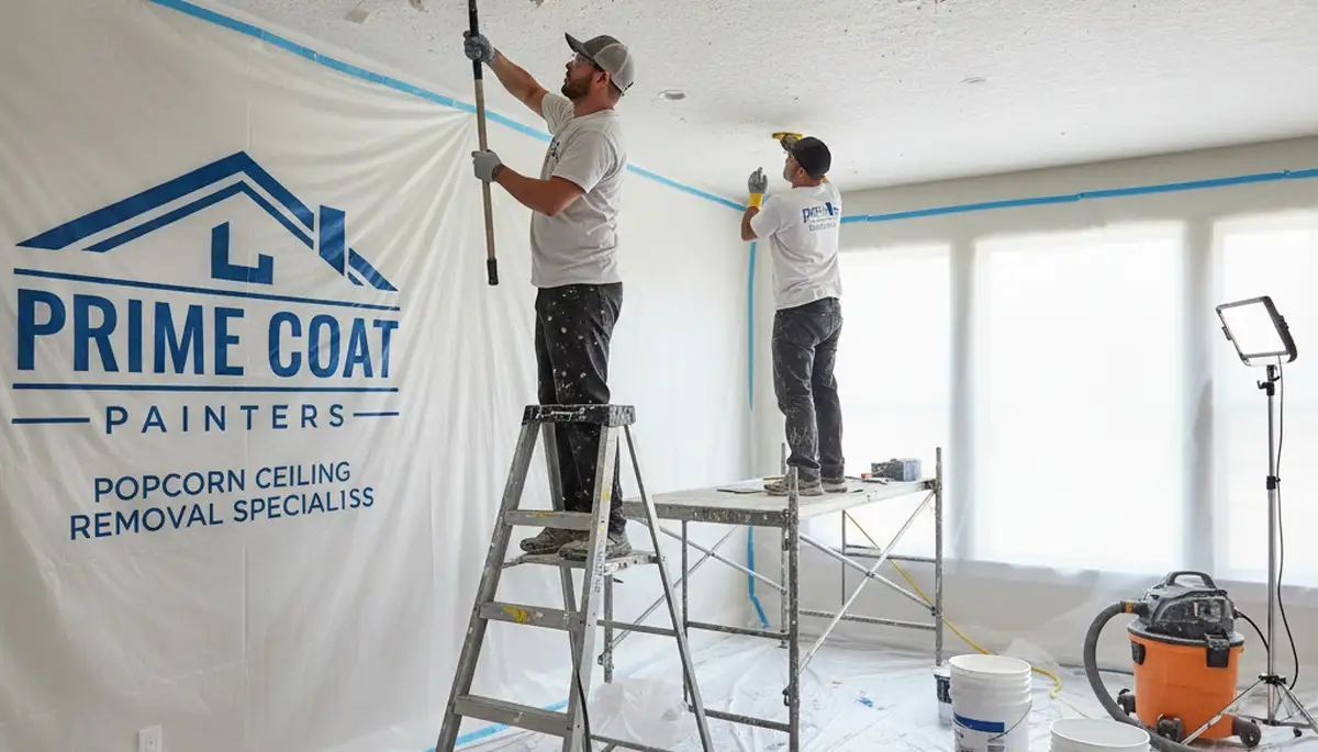 Technicians removing popcorn ceiling in Knoxville, TN home for smooth modern finish