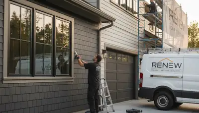 Technician repairing exterior wood rot on Knoxville, TN home before professional repainting